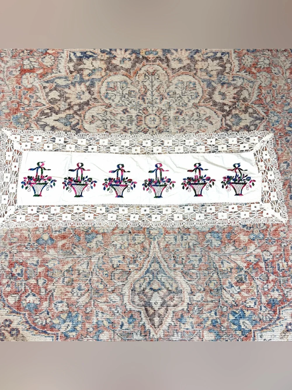 Vintage Handmade Wedding Basket Embroidered Lace Table Runner 43x14 Linen